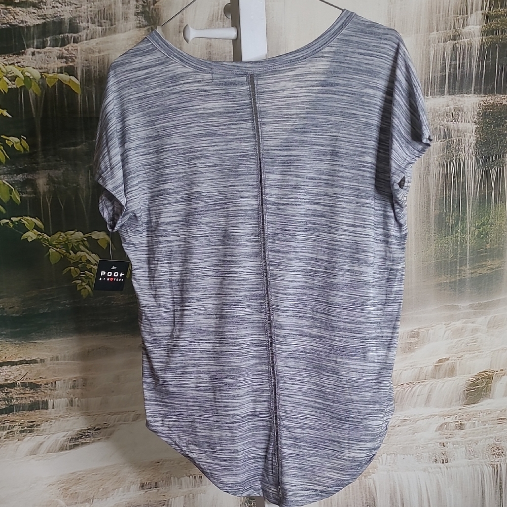 New! Poof New York Womens Small gray vneck open stitch back short sleeve shirt